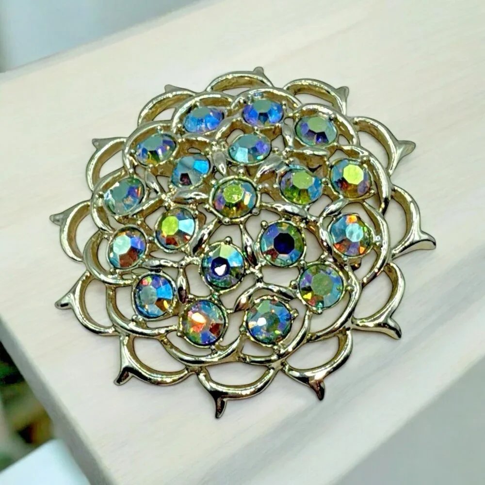 Sarah Coventry Vtg Aurora Borealis Rhinestone Limelight Pin  Brooch Earrings Set - Picture 2 of 7